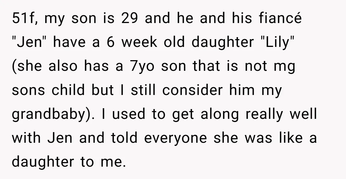 51f, my son is 29 and he and his fiancé "Jen" have a 6 week old daughter "Lily" (she also has a 7yo son that is not mg sons child...