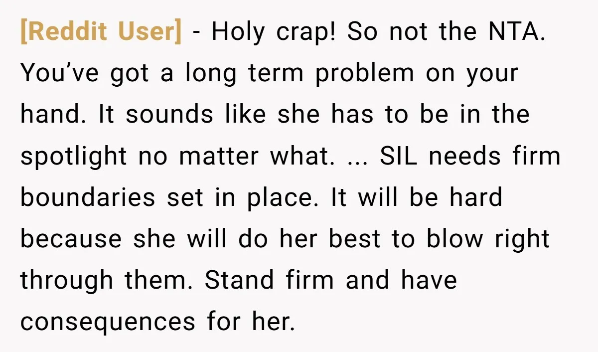 [Reddit User] - Holy crap! So not the NTA. You’ve got a long term problem on your hand. It sounds like she has to be in the spotlight no matter...