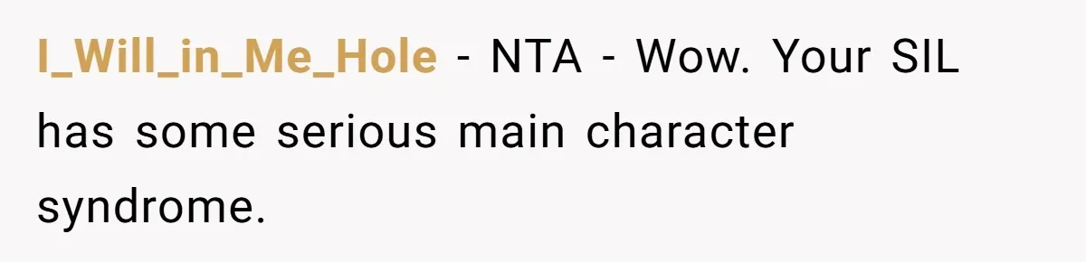 I_Will_in_Me_Hole - NTA - Wow. Your SIL has some serious main character syndrome.