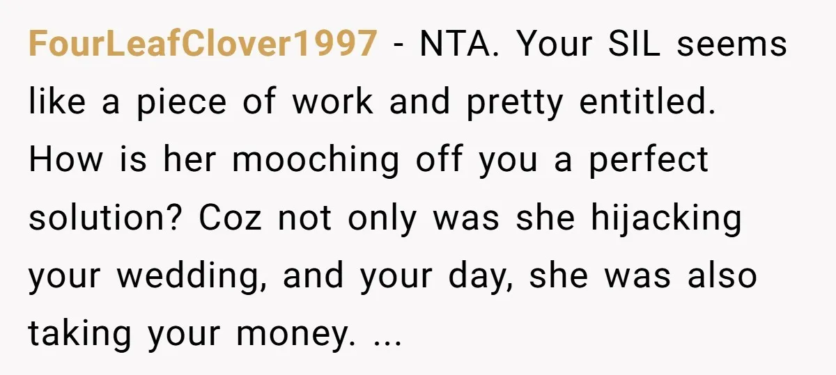 FourLeafClover1997 - NTA. Your SIL seems like a piece of work and pretty entitled. How is her mooching off you a perfect solution? Coz not only was she hijacking your...