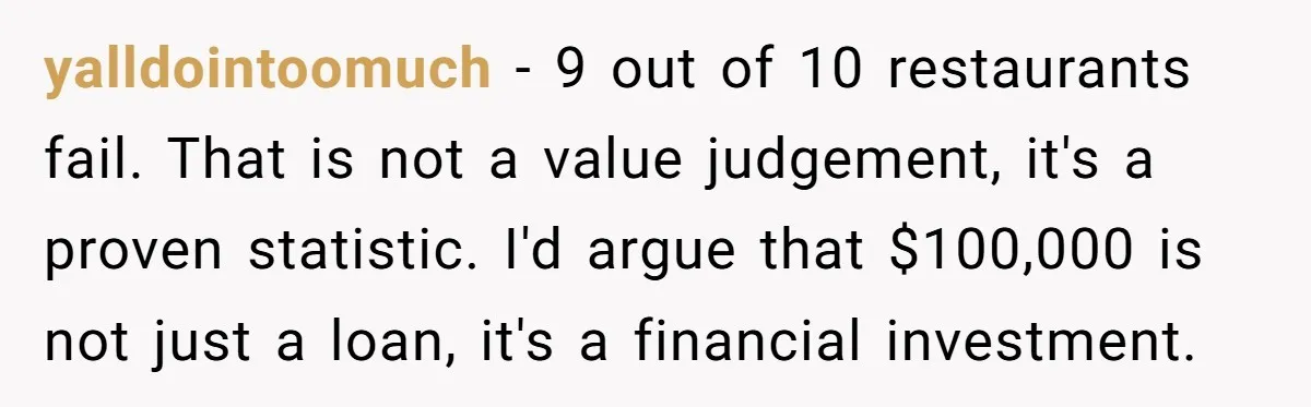 yalldointoomuch − 9 out of 10 restaurants fail. That is not a value judgement, it's a proven statistic. I'd argue that $100,000 is not just a loan, it's a financial...