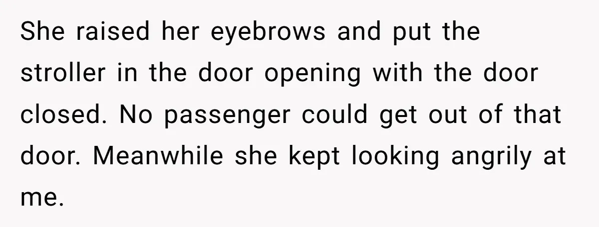 She raised her eyebrows and put the stroller in the door opening with the door closed. No passenger could get out of that door. Meanwhile she kept looking angrily at...