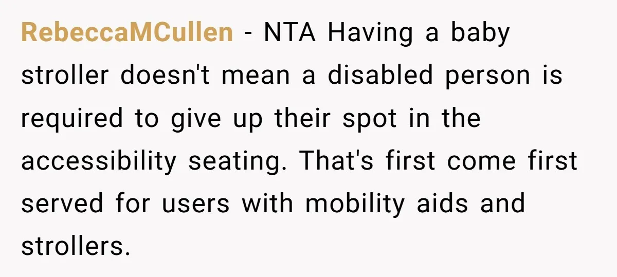RebeccaMCullen − NTA Having a baby stroller doesn't mean a disabled person is required to give up their spot in the accessibility seating. That's first come first served for users...