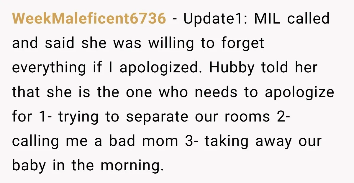 WeekMaleficent6736 − Update1: MIL called and said she was willing to forget everything if I apologized. Hubby told her that she is the one who needs to apologize for 1-...