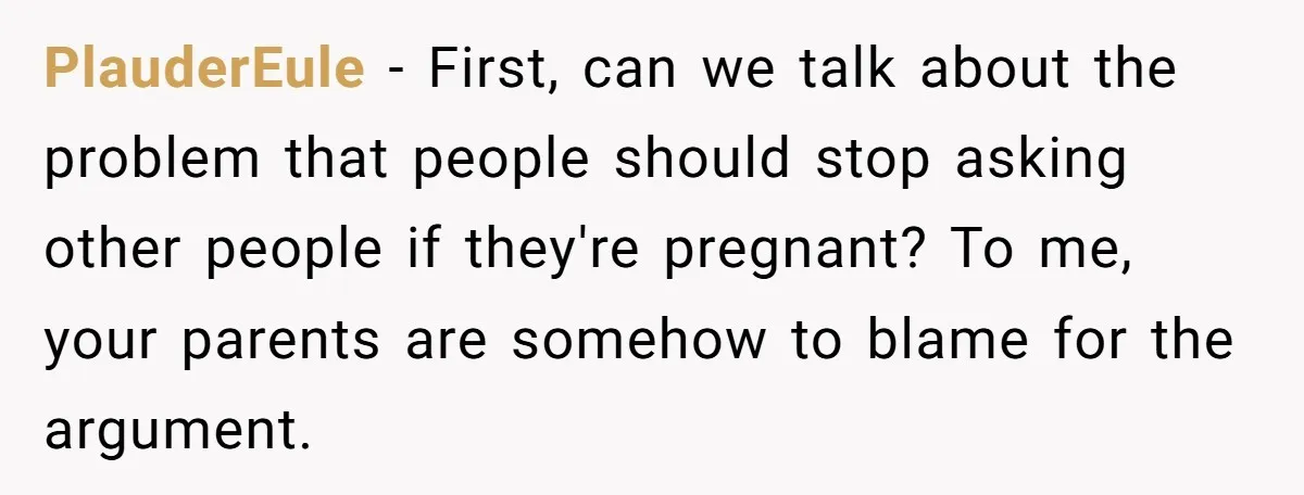 PlauderEule − First, can we talk about the problem that people should stop asking other people if they're pregnant? To me, your parents are somehow to blame for the argument.