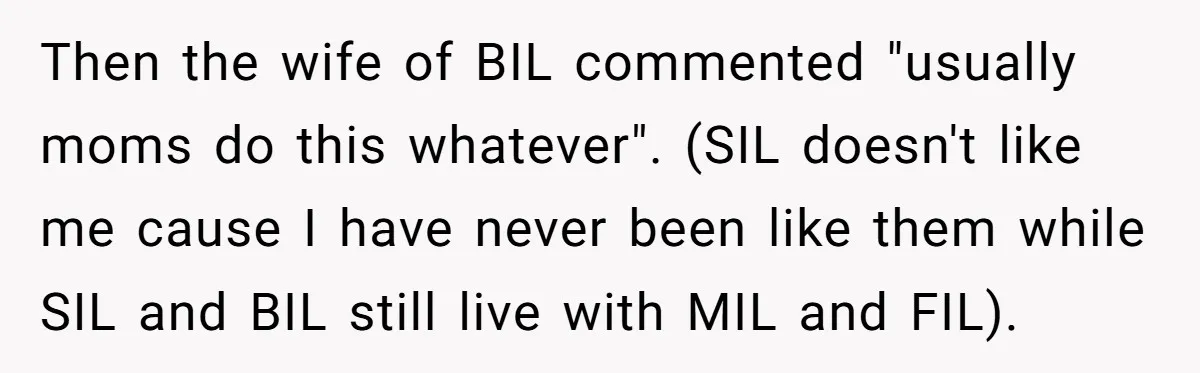 Then the wife of BIL commented "usually moms do this whatever". (SIL doesn't like me cause I have never been like them while SIL and BIL still live with MIL...
