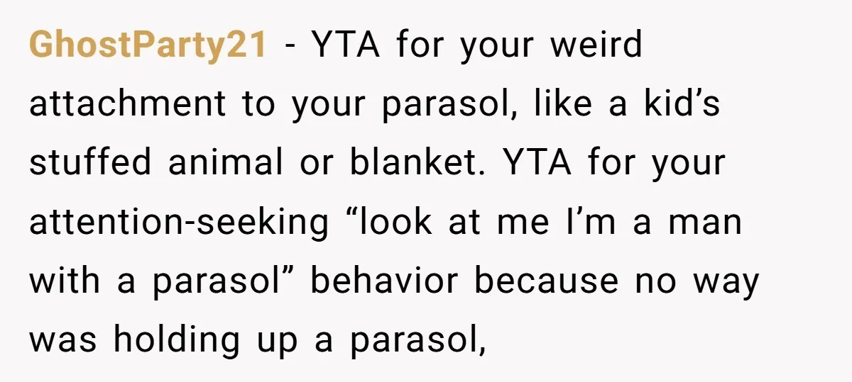 GhostParty21 − YTA for your weird attachment to your parasol, like a kid’s stuffed animal or blanket. YTA for your attention-seeking “look at me I’m a man with a parasol”...