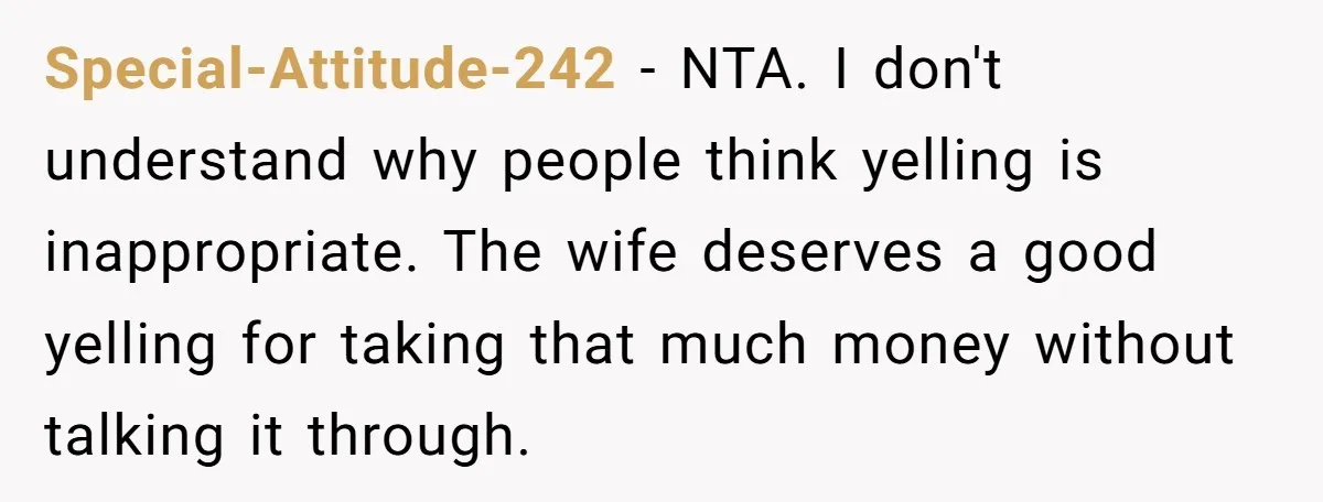 Special-Attitude-242 - NTA. I don't understand why people think yelling is inappropriate. The wife deserves a good yelling for taking that much money without talking it through.