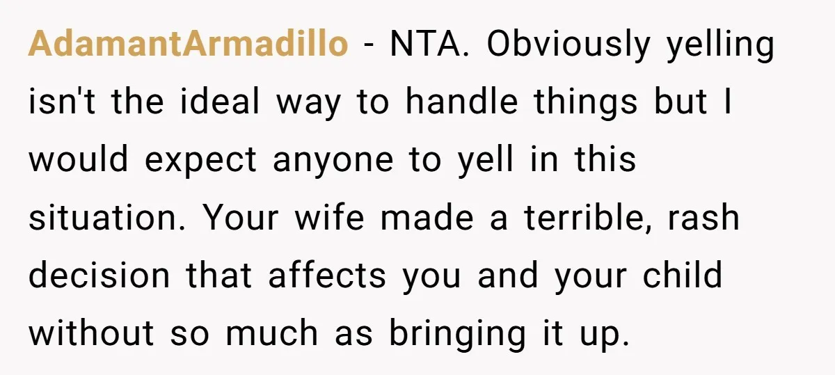 AdamantArmadillo - NTA. Obviously yelling isn't the ideal way to handle things but I would expect anyone to yell in this situation. Your wife made a terrible, rash decision that...