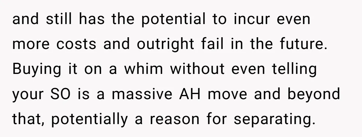 and still has the potential to incur even more costs and outright fail in the future. Buying it on a whim without even telling your SO is a massive AH...