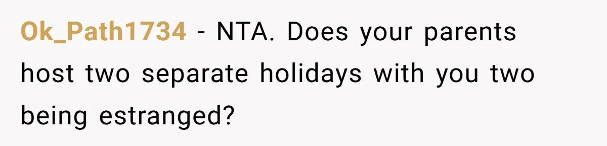 Ok_Path1734 − NTA. Does your parents host two separate holidays with you two being estranged?