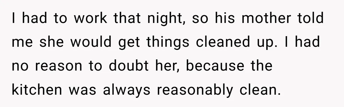 I had to work that night, so his mother told me she would get things cleaned up. I had no reason to doubt her, because the kitchen was always reasonably...