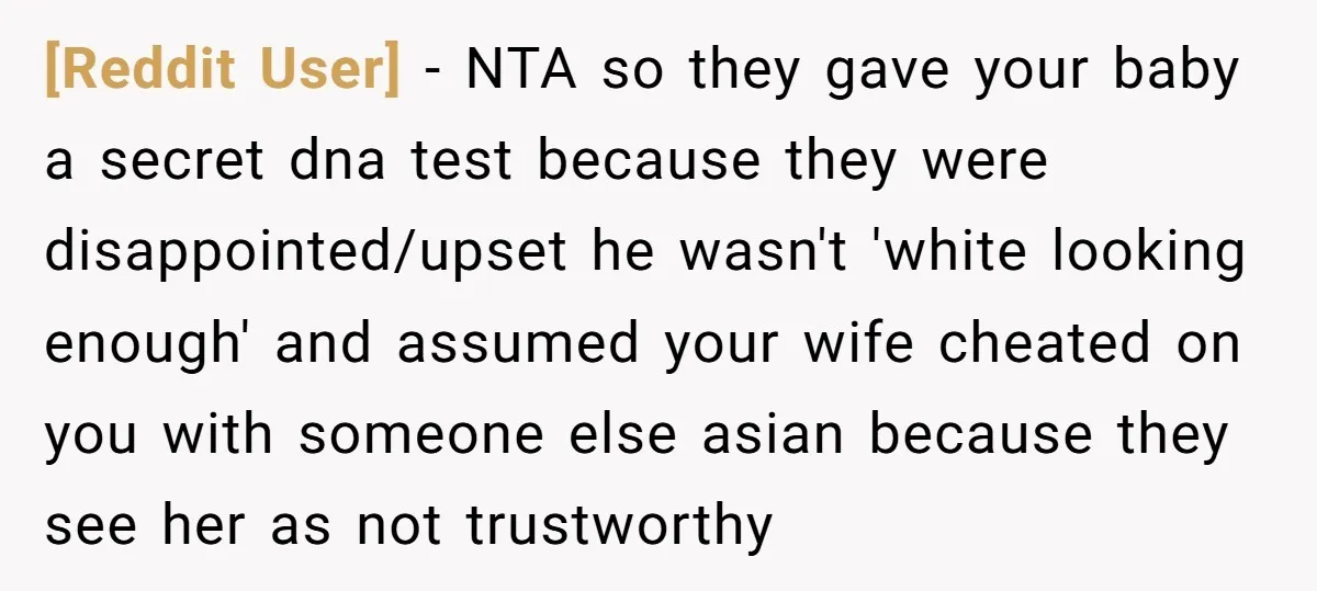 [Reddit User] − NTA so they gave your baby a secret dna test because they were disappointed/upset he wasn't 'white looking enough' and assumed your wife cheated on you with...