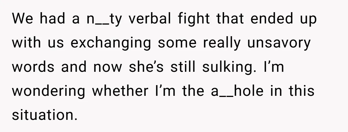 We had a n__ty verbal fight that ended up with us exchanging some really unsavory words and now she’s still sulking. I’m wondering whether I’m the a__hole in this situation.