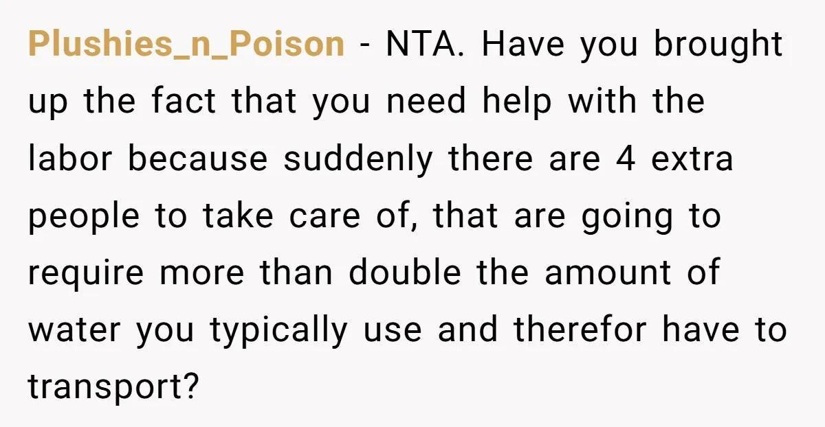 Plushies_n_Poison − NTA. Have you brought up the fact that you need help with the labor because suddenly there are 4 extra people to take care of, that are going...