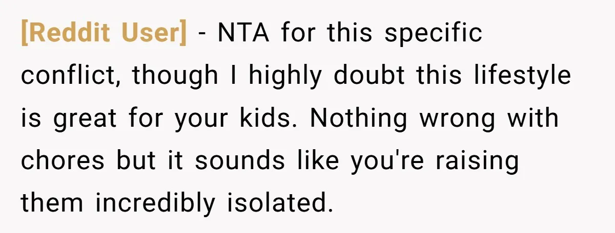 [Reddit User] − NTA for this specific conflict, though I highly doubt this lifestyle is great for your kids. Nothing wrong with chores but it sounds like you're raising them...