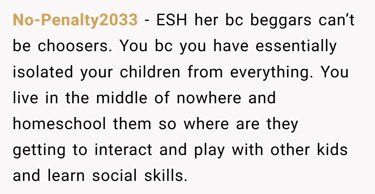 No-Penalty2033 − ESH her bc beggars can’t be choosers. You bc you have essentially isolated your children from everything. You live in the middle of nowhere and homeschool them so...