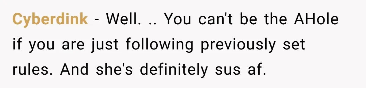 Cyberdink − Well. .. You can't be the AHole if you are just following previously set rules. And she's definitely sus af.