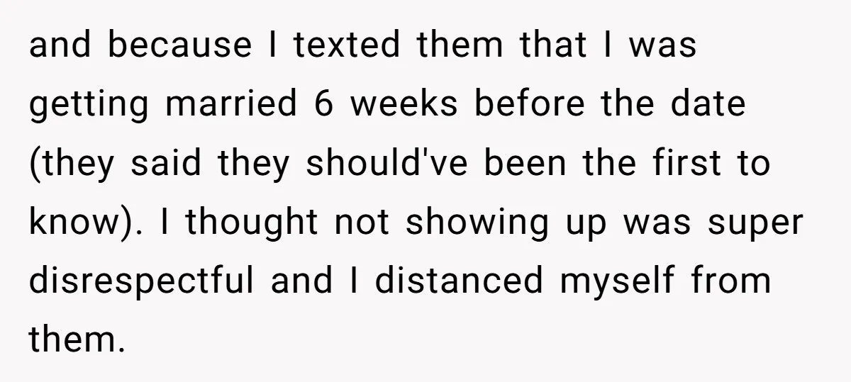 and because I texted them that I was getting married 6 weeks before the date (they said they should've been the first to know). I thought not showing up was...