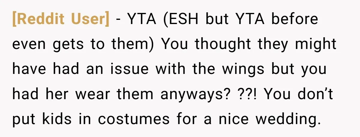 [Reddit User] − YTA (ESH but YTA before even gets to them) You thought they might have had an issue with the wings but you had her wear them anyways?...