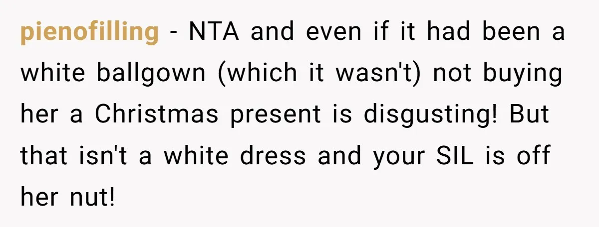 pienofilling − NTA and even if it had been a white ballgown (which it wasn't) not buying her a Christmas present is disgusting! But that isn't a white dress and...