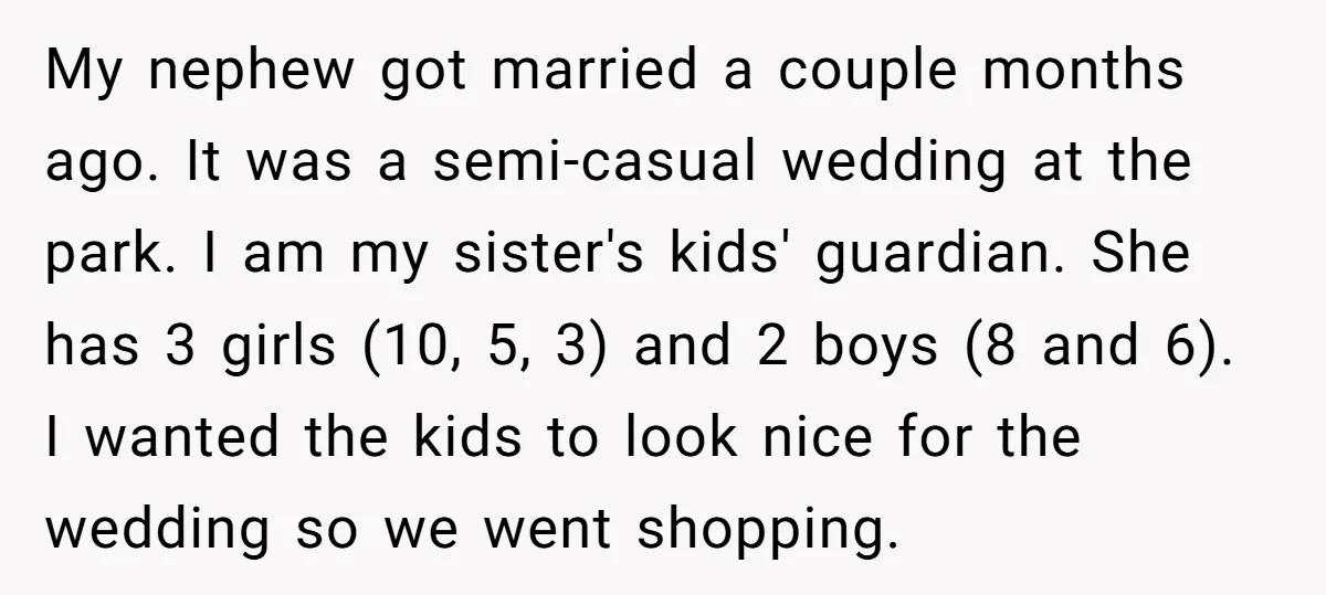 My nephew got married a couple months ago. It was a semi-casual wedding at the park. I am my sister's kids' guardian. She has 3 girls (10, 5, 3) and...