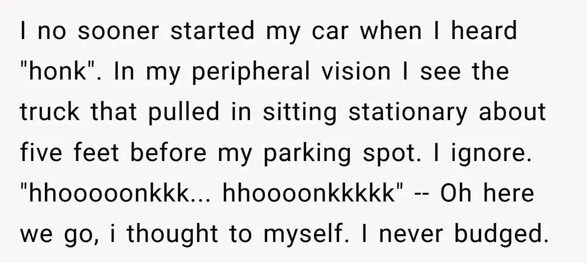 I no sooner started my car when I heard "honk". In my peripheral vision I see the truck that pulled in sitting stationary about five feet before my parking spot....