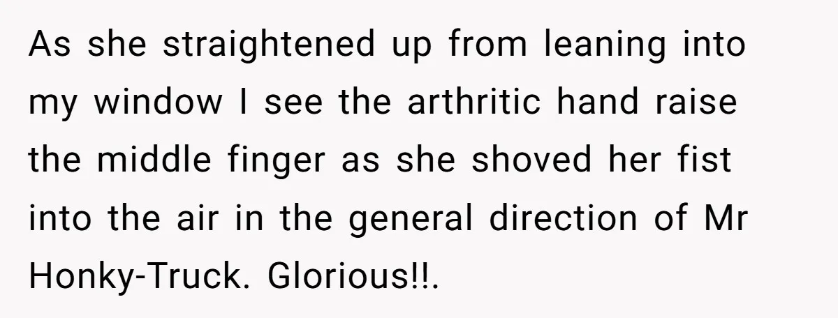 As she straightened up from leaning into my window I see the arthritic hand raise the middle finger as she shoved her fist into the air in the general direction...