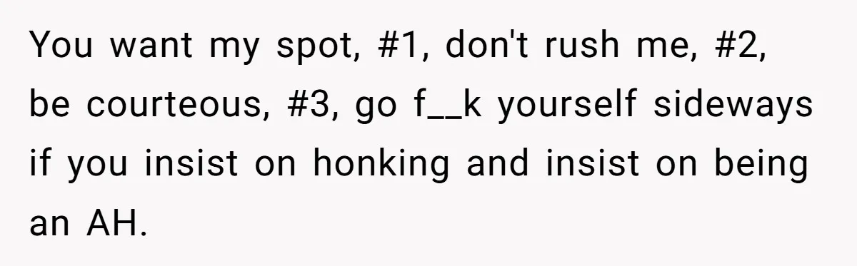 You want my spot, #1, don't rush me, #2, be courteous, #3, go f__k yourself sideways if you insist on honking and insist on being an AH.