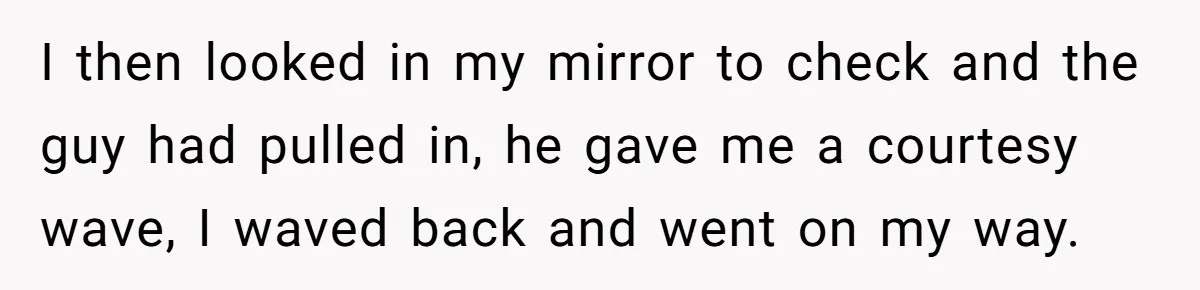 I then looked in my mirror to check and the guy had pulled in, he gave me a courtesy wave, I waved back and went on my way.
