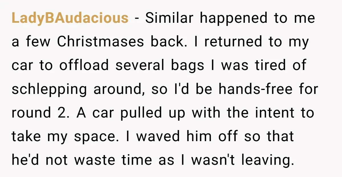 LadyBAudacious − Similar happened to me a few Christmases back. I returned to my car to offload several bags I was tired of schlepping around, so I'd be hands-free for...