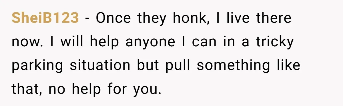 SheiB123 − Once they honk, I live there now. I will help anyone I can in a tricky parking situation but pull something like that, no help for you.