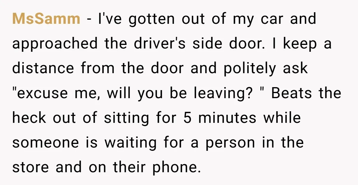 MsSamm − I've gotten out of my car and approached the driver's side door. I keep a distance from the door and politely ask "excuse me, will you be leaving?...