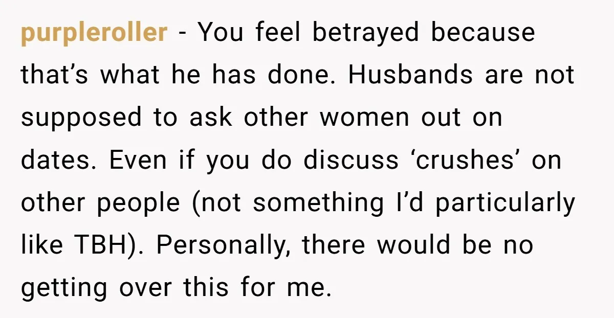 purpleroller − You feel betrayed because that’s what he has done. Husbands are not supposed to ask other women out on dates. Even if you do discuss ‘crushes’ on other...