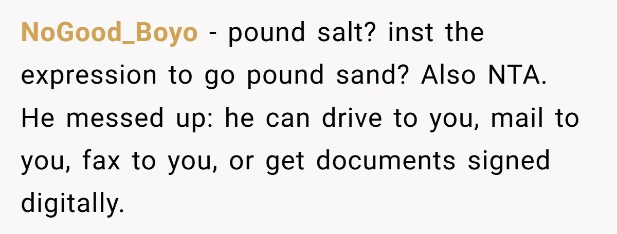 NoGood_Boyo − pound salt? inst the expression to go pound sand? Also NTA. He messed up: he can drive to you, mail to you, fax to you, or get documents...