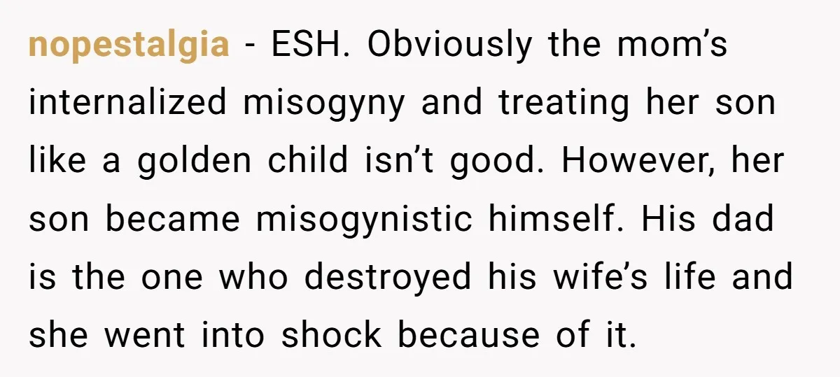 nopestalgia - ESH. Obviously the mom’s internalized misogyny and treating her son like a golden child isn’t good. However, her son became misogynistic himself. His dad is the one who...
