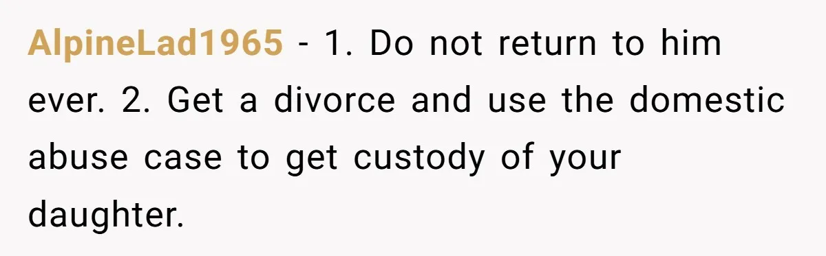 AlpineLad1965 − 1. Do not return to him ever. 2. Get a divorce and use the domestic abuse case to get custody of your daughter.