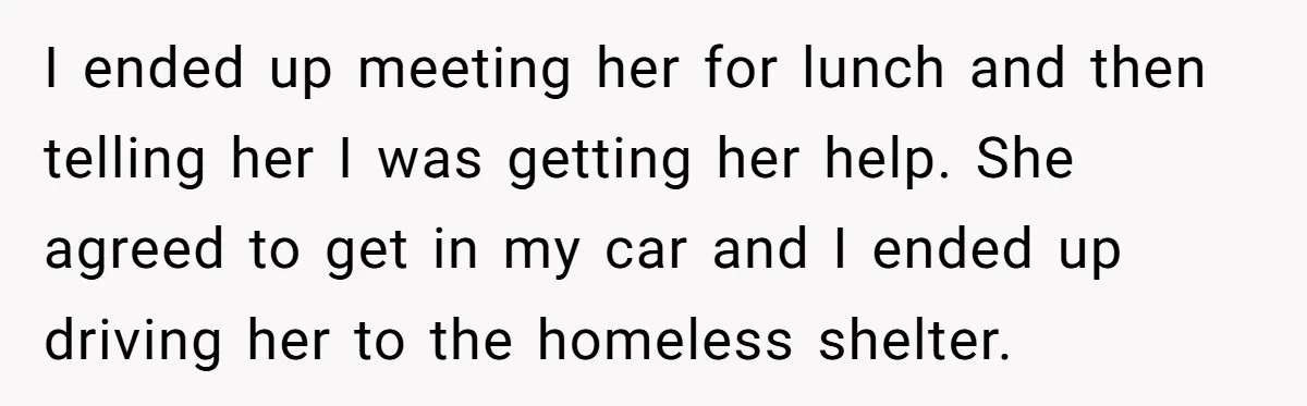 I ended up meeting her for lunch and then telling her I was getting her help. She agreed to get in my car and I ended up driving her to...
