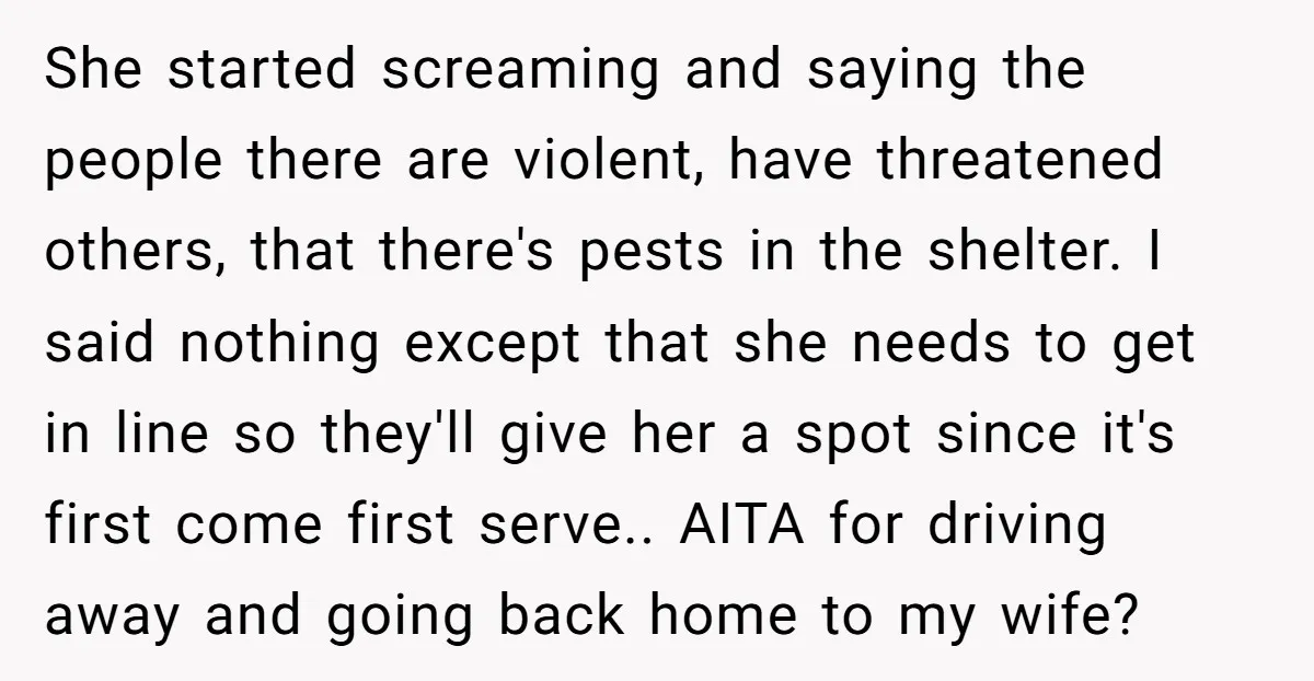 She started screaming and saying the people there are violent, have threatened others, that there's pests in the shelter. I said nothing except that she needs to get in line...