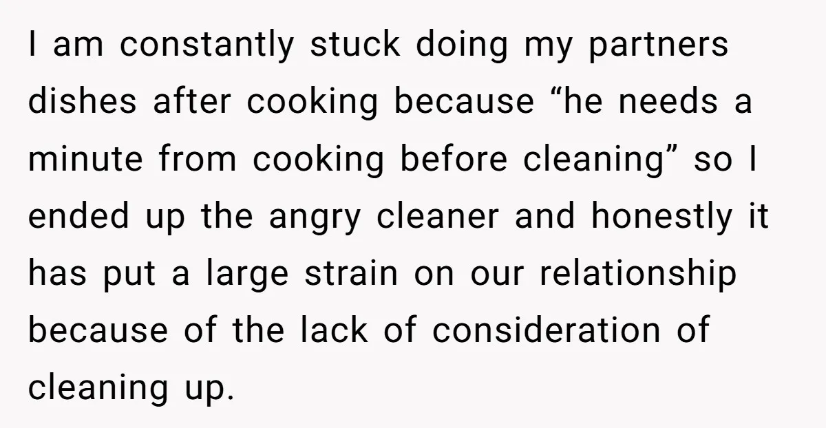 I am constantly stuck doing my partners dishes after cooking because “he needs a minute from cooking before cleaning” so I ended up the angry cleaner and honestly it has...