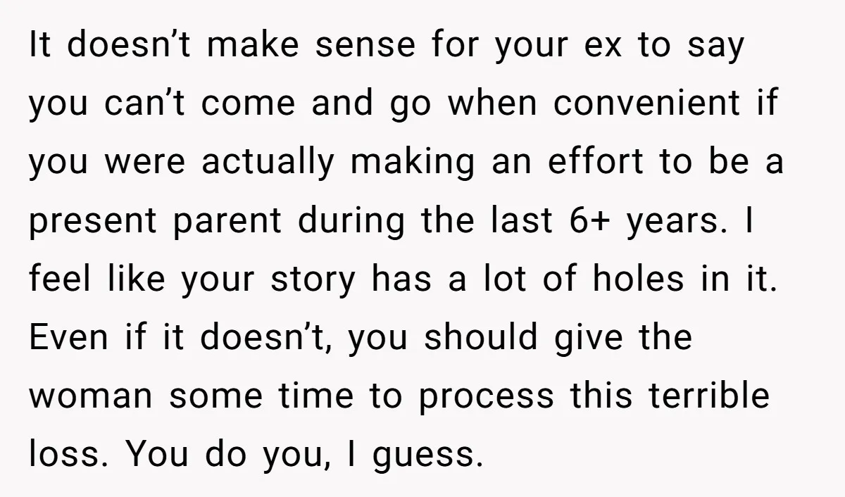 It doesn’t make sense for your ex to say you can’t come and go when convenient if you were actually making an effort to be a present parent during the...