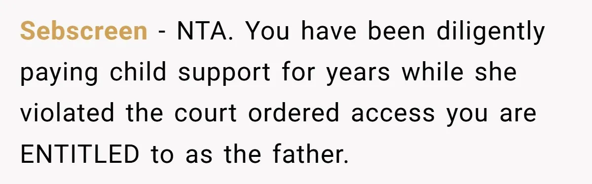 Sebscreen - NTA. You have been diligently paying child support for years while she violated the court ordered access you are ENTITLED to as the father.