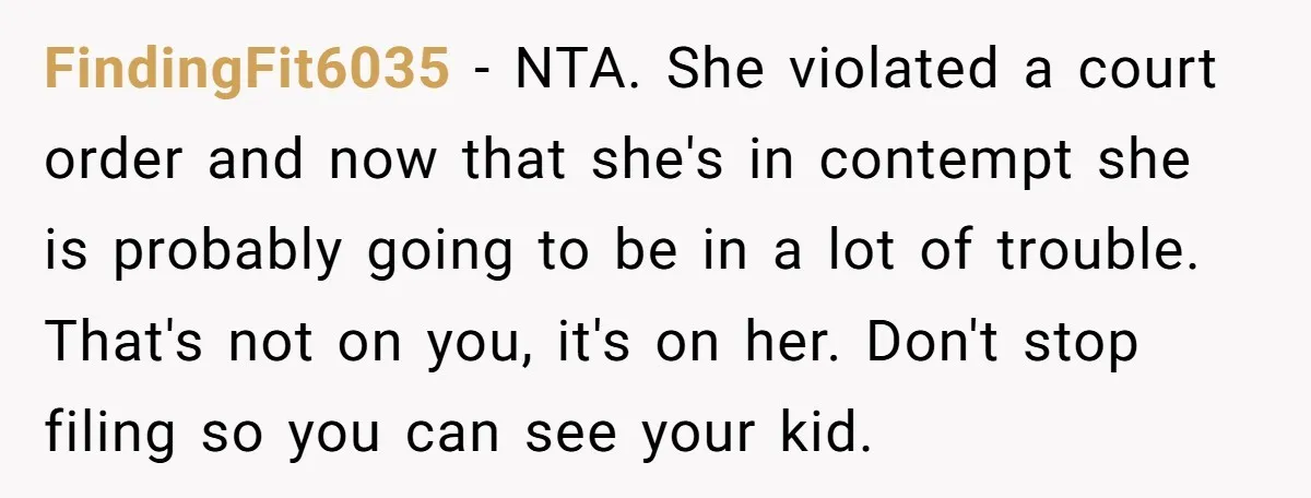 FindingFit6035 - NTA. She violated a court order and now that she's in contempt she is probably going to be in a lot of trouble. That's not on you, it's...
