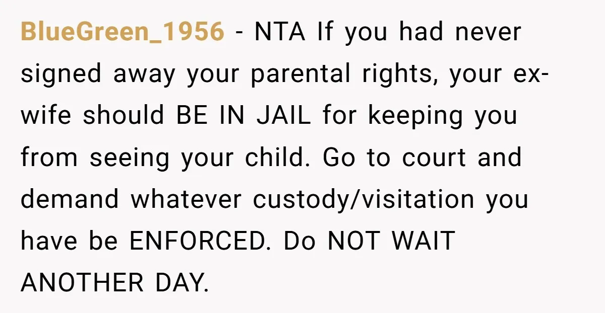 BlueGreen_1956 - NTA If you had never signed away your parental rights, your ex-wife should BE IN JAIL for keeping you from seeing your child. Go to court and demand...