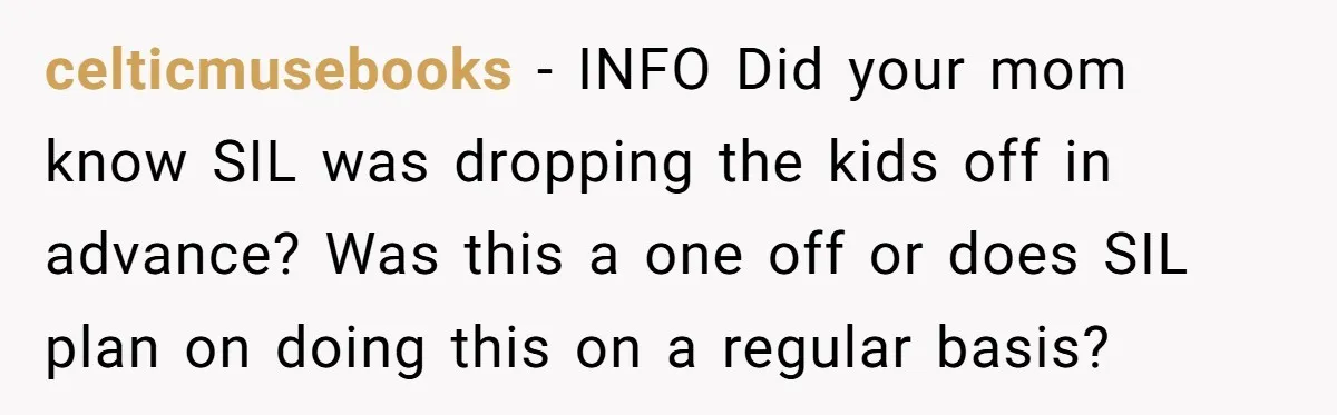 celticmusebooks - INFO Did your mom know SIL was dropping the kids off in advance? Was this a one off or does SIL plan on doing this on a regular...