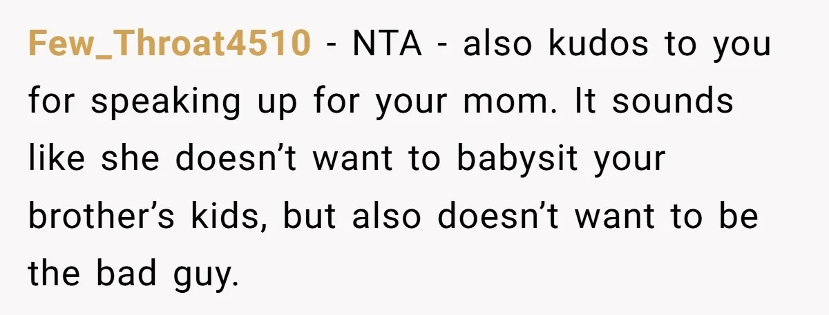 Few_Throat4510 - NTA - also kudos to you for speaking up for your mom. It sounds like she doesn’t want to babysit your brother’s kids, but also doesn’t want to...