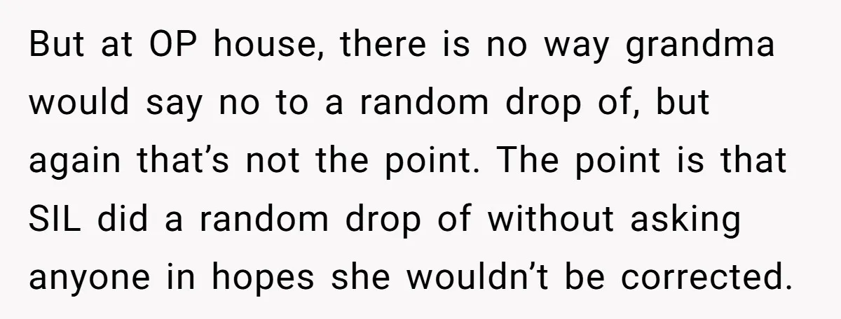 But at OP house, there is no way grandma would say no to a random drop of, but again that’s not the point. The point is that SIL did a...