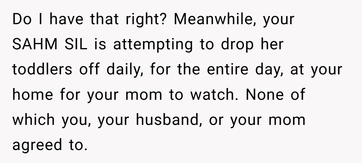 Do I have that right? Meanwhile, your SAHM SIL is attempting to drop her toddlers off daily, for the entire day, at your home for your mom to watch. None...