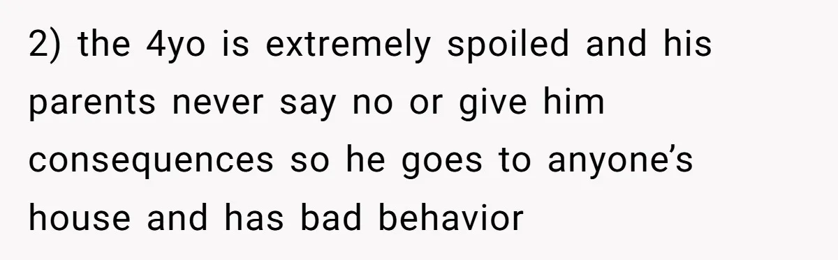 2) the 4yo is extremely spoiled and his parents never say no or give him consequences so he goes to anyone’s house and has bad behavior