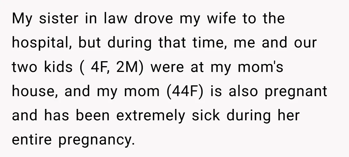 My sister in law drove my wife to the hospital, but during that time, me and our two kids ( 4F, 2M) were at my mom's house, and my mom...